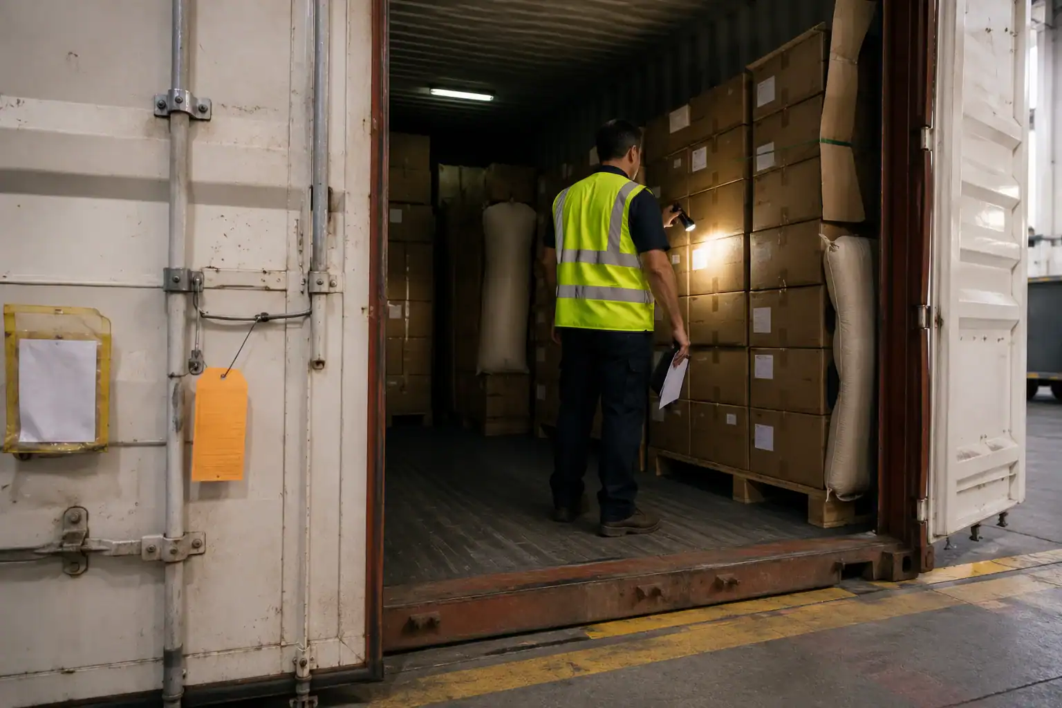 DAFF/ABF biosecurity inspector with clipboard at a container yard, or a close-up of a fumigation tag and quarantine seal on shipping cargo at an Australian port