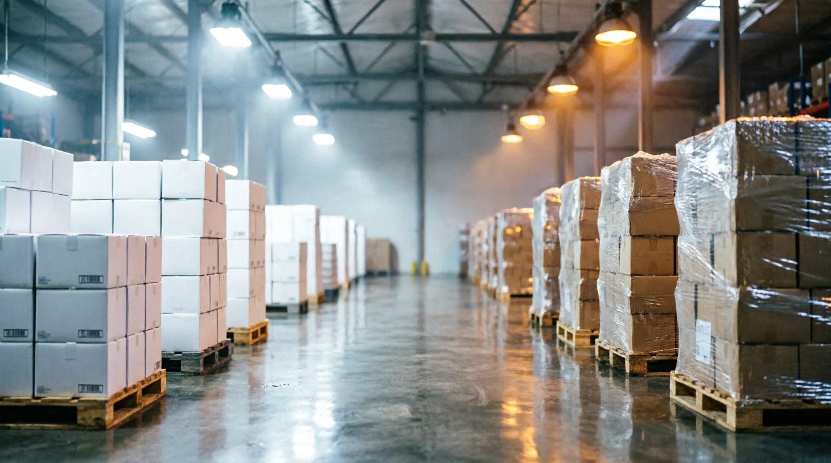 A warehouse receiving area with two distinct product zones in one frame — sealed pharmaceutical-style cartons on one side under cooler, brighter light.