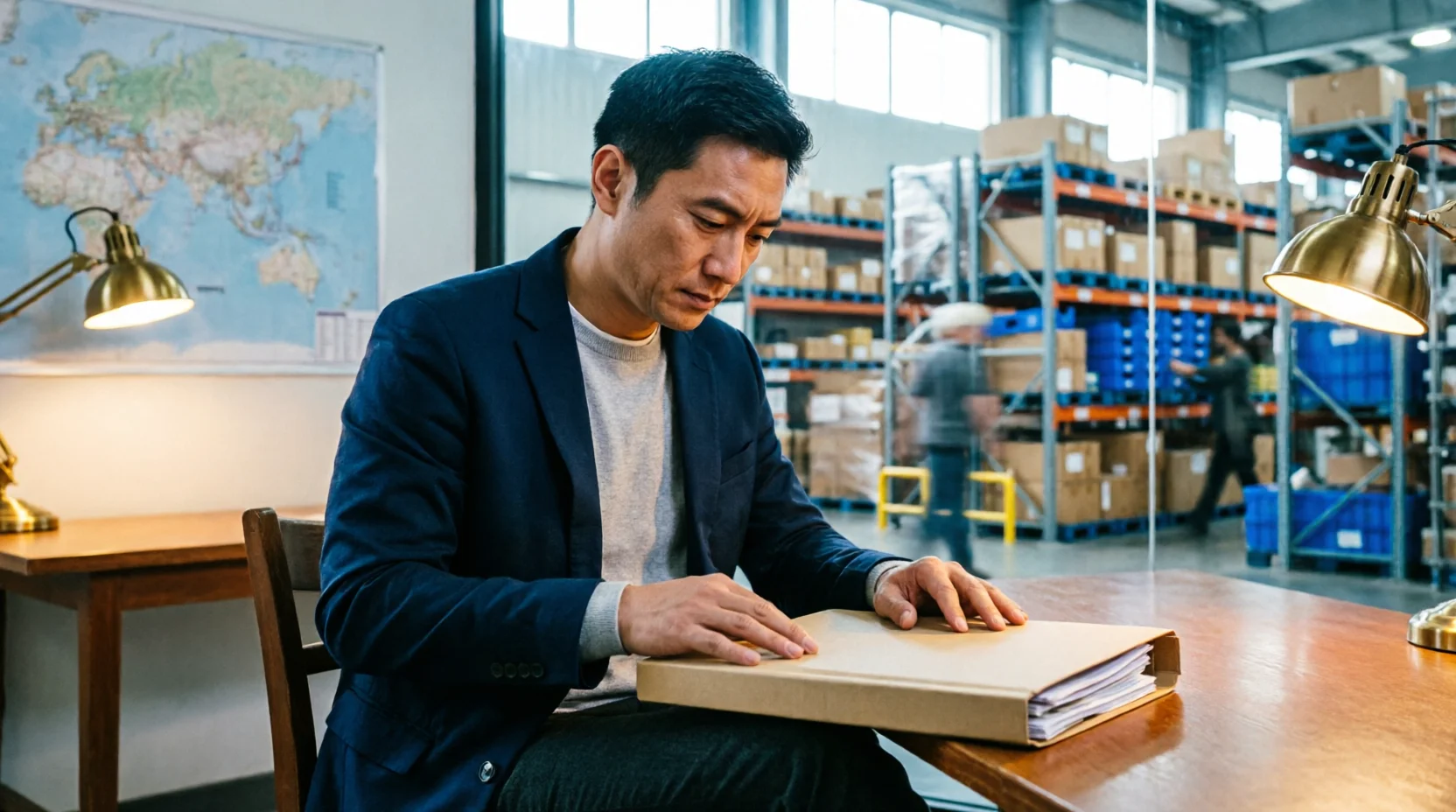 A logistics planner at a desk with a wall-mounted route map softly out of focus behind them, no readable place names.