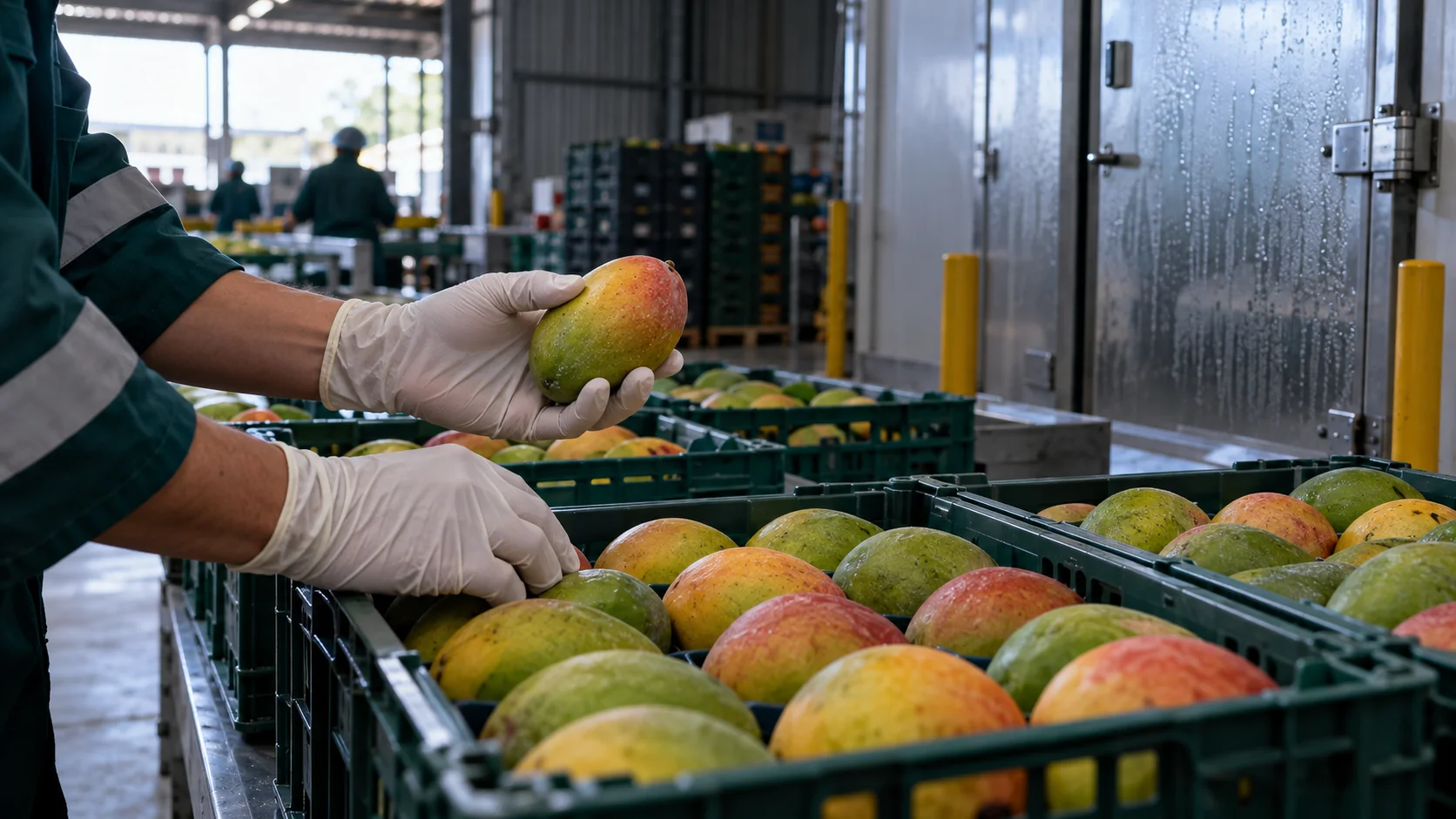 A packing shed for agricultural export goods, crates of produce checked by a quality officer's hands before sealing, natural warehouse light with a cooler shadow toward