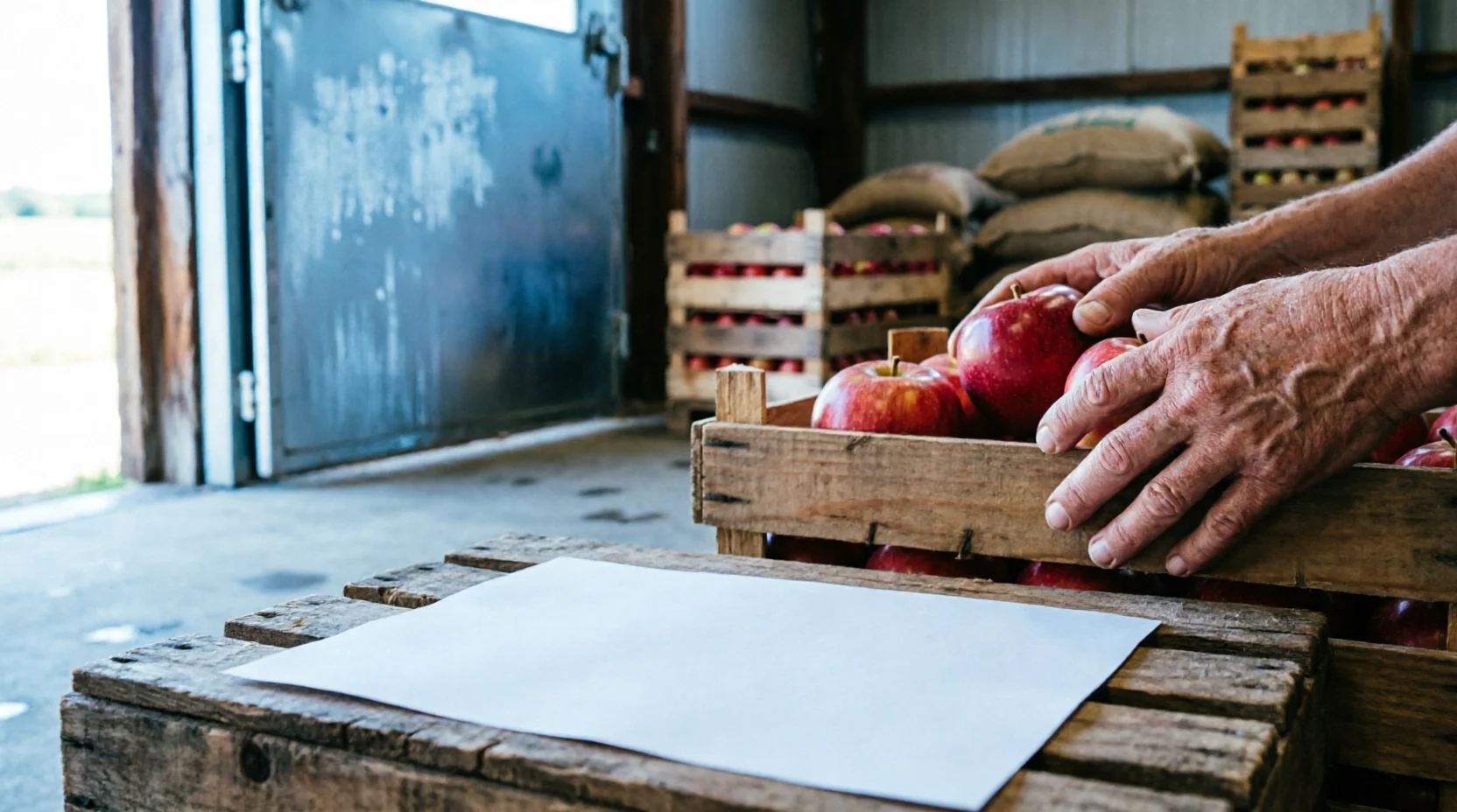 A packing shed for agricultural export goods, crates of produce checked by a quality officer's hands before sealing.