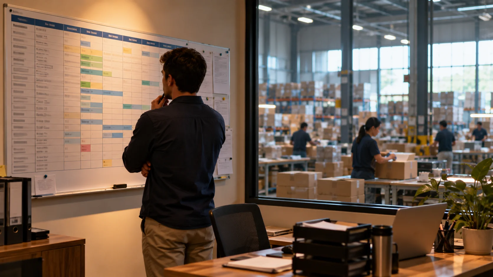 An export coordinator reviewing a wall-mounted production schedule (content implied, not readable) in an office overlooking a packing floor visible through a large