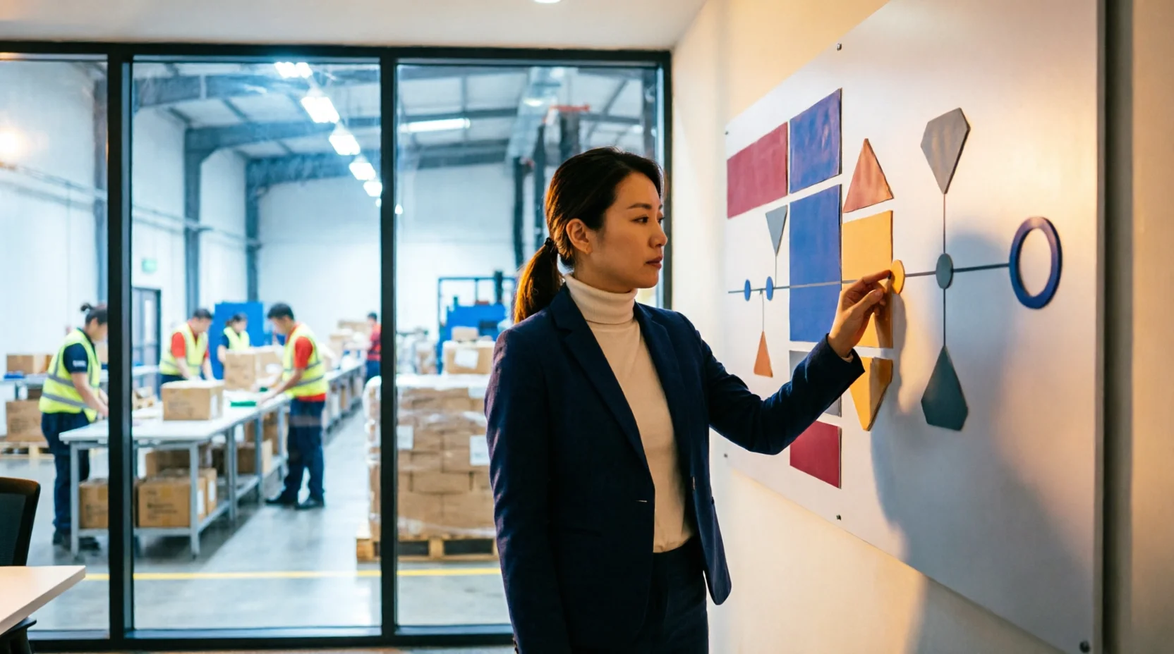 An export coordinator reviewing a wall-mounted production schedule (content implied.