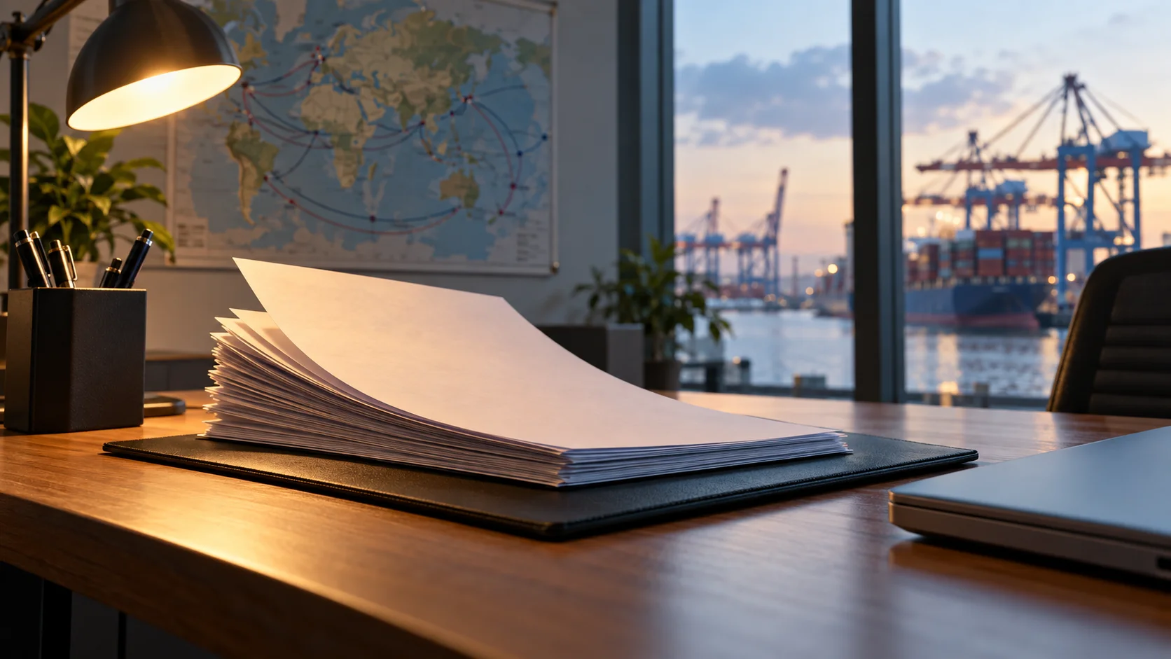 A freight forwarder's desk with a folder of shipping documents fanned slightly open, the pages angled away from camera, a small world map pinned to the wall behind
