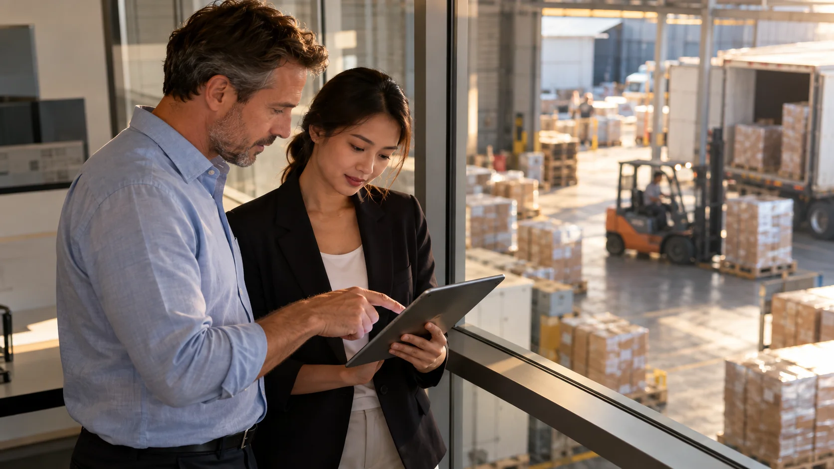 A customs broker and an importer standing together at a warehouse office window overlooking the receiving floor, both looking down at a shared tablet showing a simple