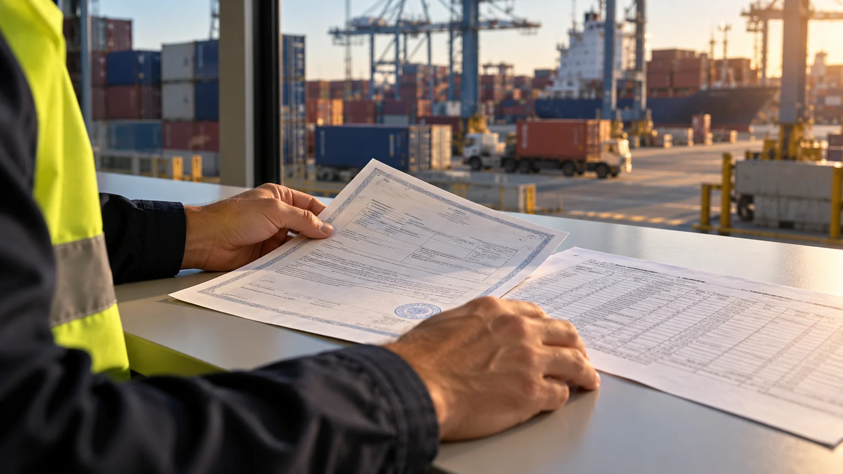 Photorealistic, cinematic, outcome-focused: a customs clearance scene at an Australian port or bonded warehouse — a broker or clerk's hands reviewing a certificate of