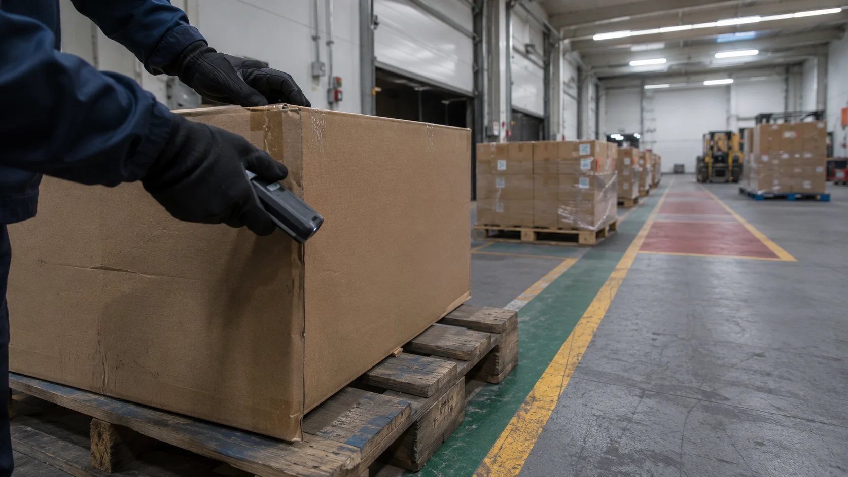 Gloved warehouse worker scanning a cardboard box with a handheld barcode scanner at a receiving dock during customs and biosecurity inspection