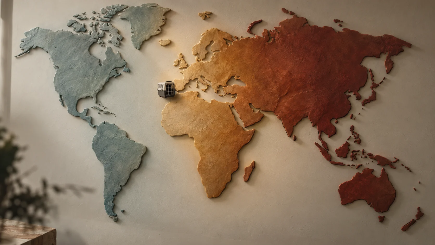 Sculptural relief world map divided into three color-graded zones representing Australia’s Group 1, 2, and 3 pet-import risk classifications, with a small pet carrier at a zone boundary
