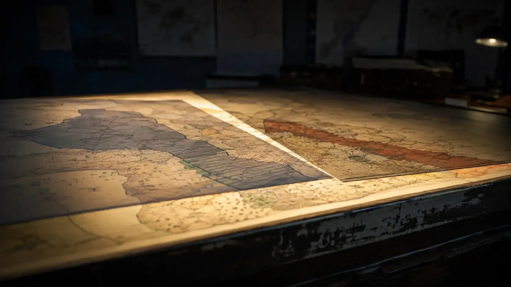 Close-up of a vintage map with overlapping warm and cool shaded zones spotlighted on a desk, representing overlapping cyclone-exposure and biosecurity-risk zones across Australia