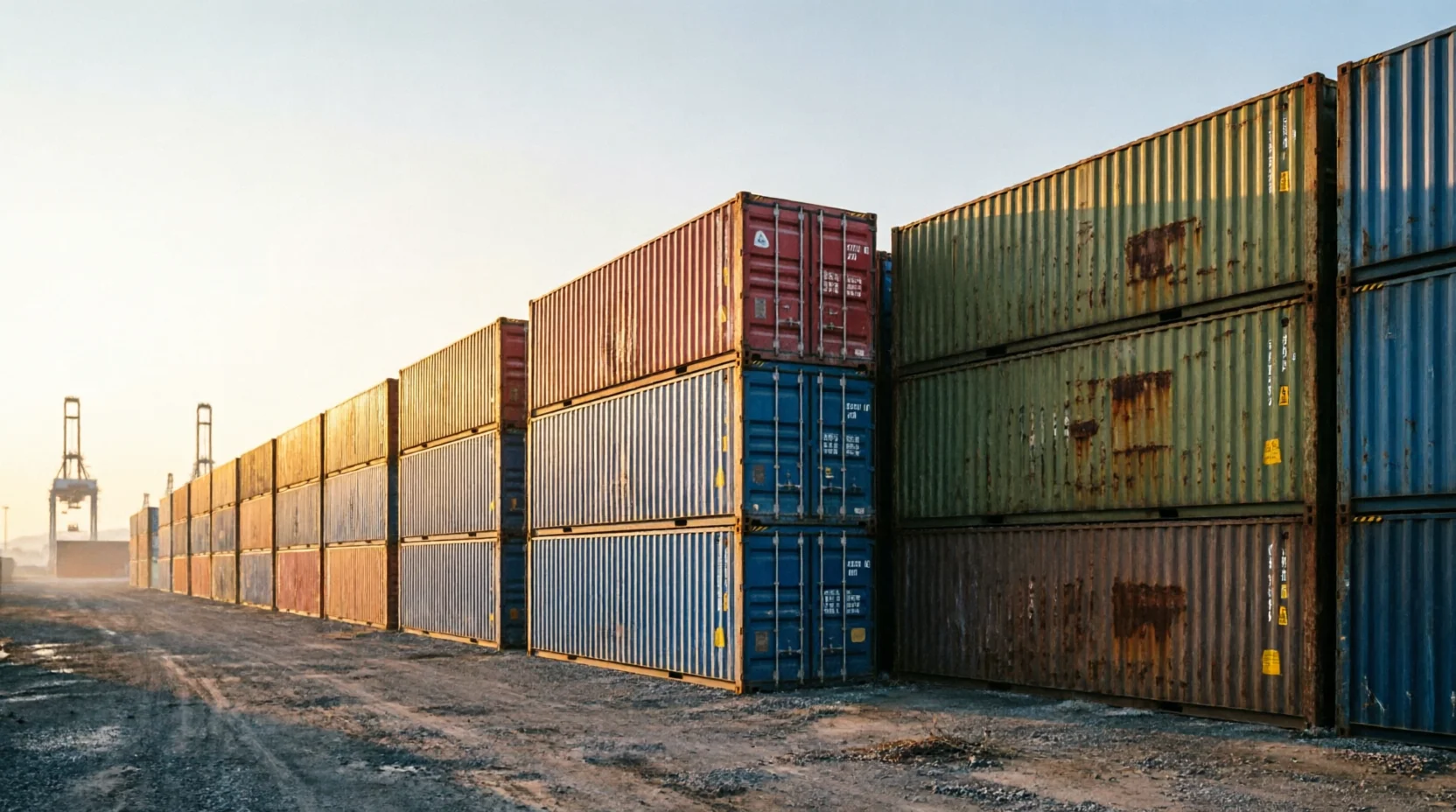 A container yard with rows from visibly different trade lanes implied through varied container weathering and stacking patterns.