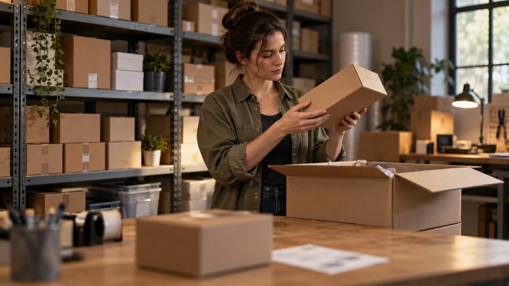A small-business owner in a compact warehouse office checking a boxed product against a shipment, a wall of shelved inventory behind, warm practical lighting.
