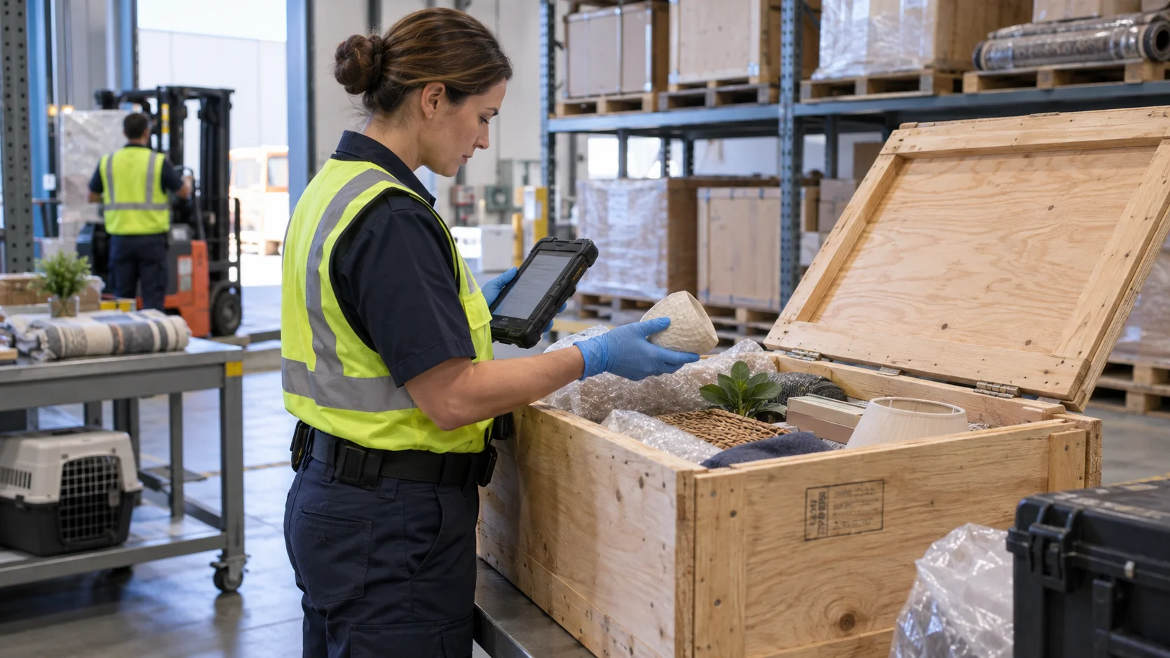 A biosecurity inspection bay in an Australian warehouse, an officer cross-referencing an opened crate of household goods against a handheld device with the screen turned away from camera, the crate's timber packing visibly stamped with an illegible compliance mark.