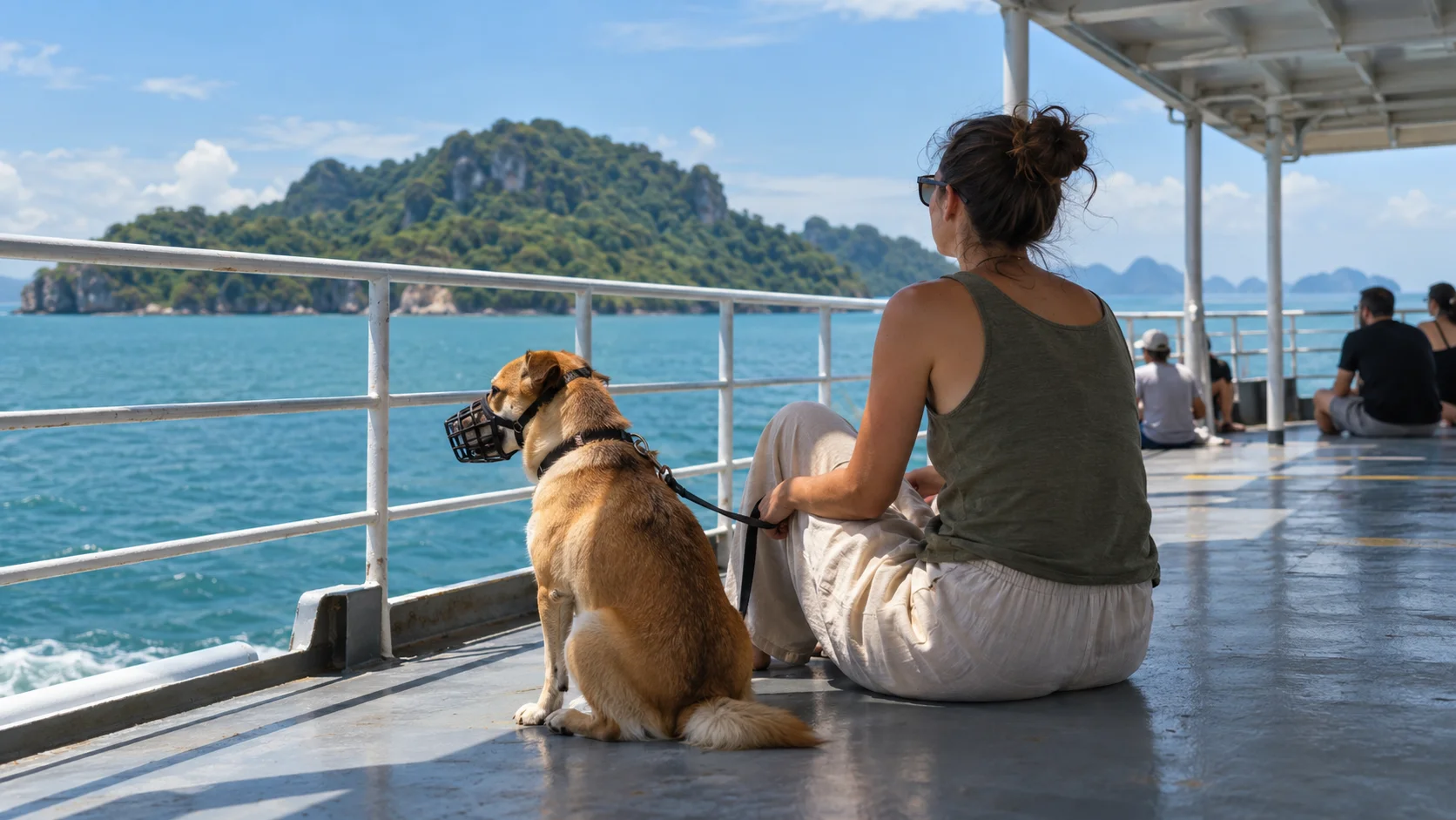 A woman on a ferry deck beside a leashed, muzzled dog, showing what travelling with a pet on a passenger ferry involves