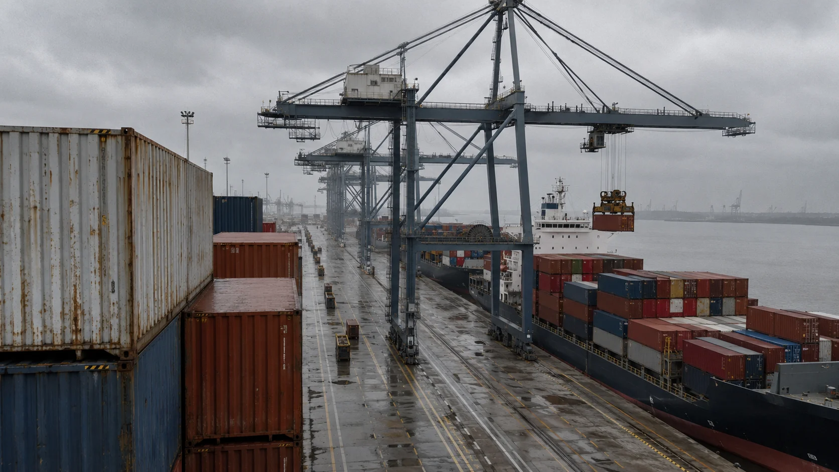 Grues portuaires déchargeant un porte-conteneurs dans un terminal européen par temps couvert, avec des conteneurs empilés au premier plan