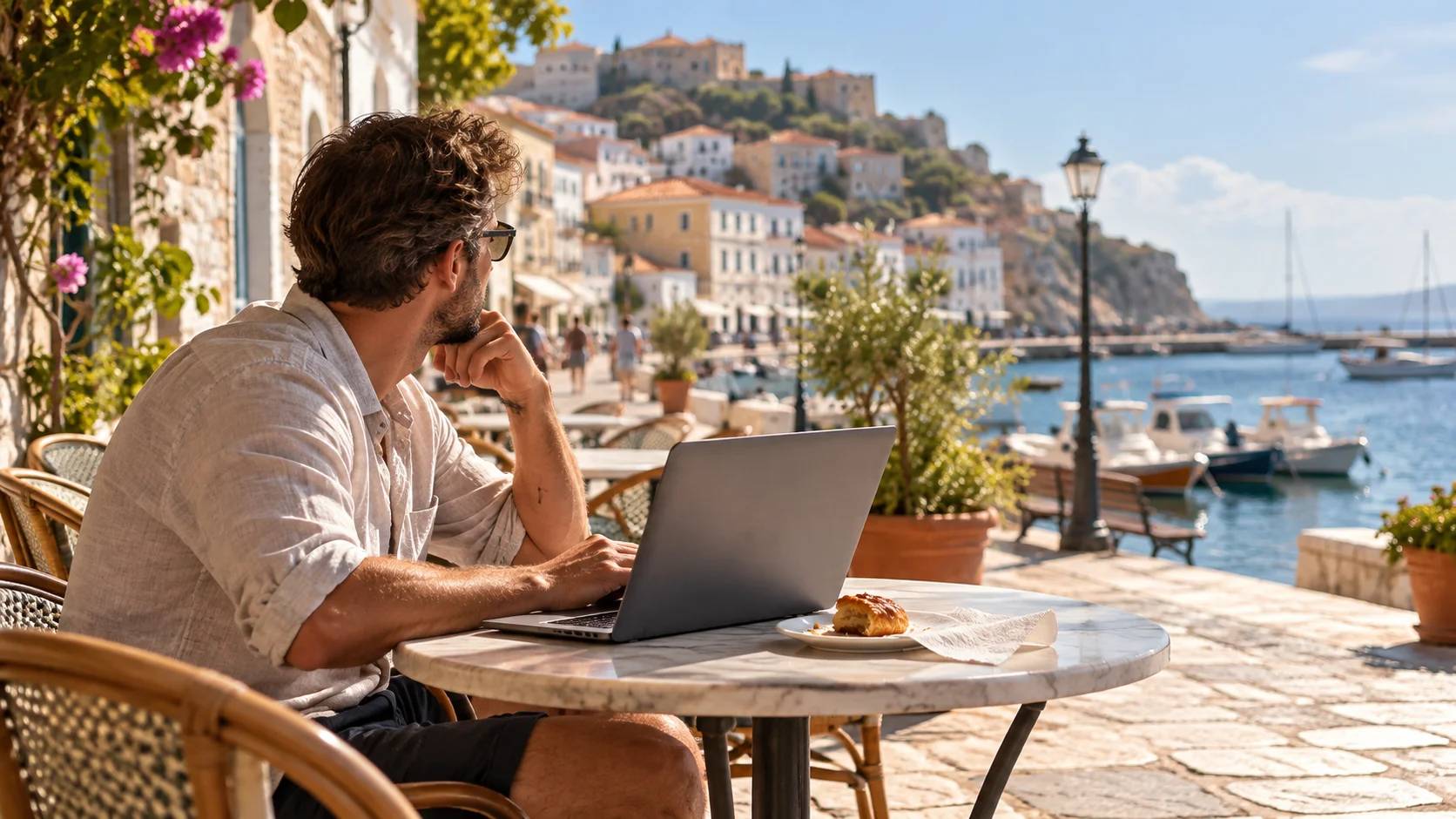 Remote worker at an outdoor cafe table in a sunlit Mediterranean coastal harbor town, laptop screen turned away from camera