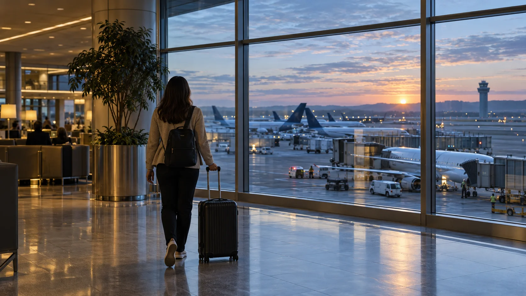 A traveler with a wheeled suitcase walks toward a terminal window overlooking airplanes at gates during sunrise.