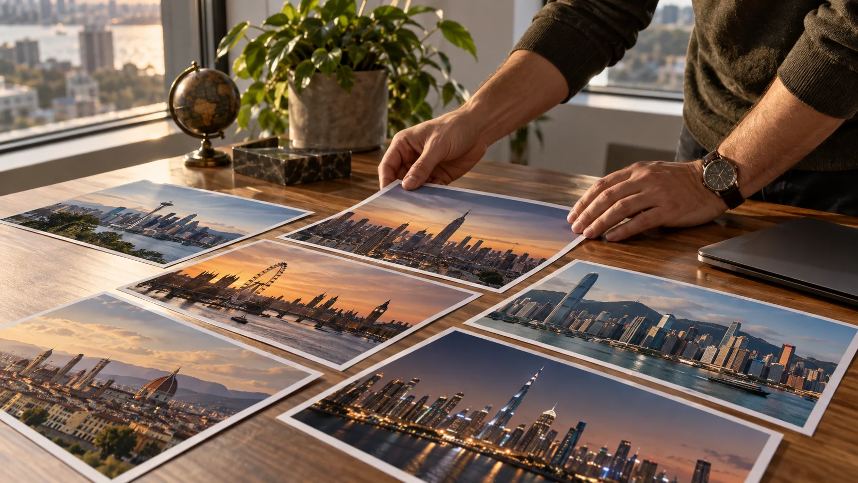 A man's hands arrange printed photos of different city skylines on a desk near a laptop and globe.