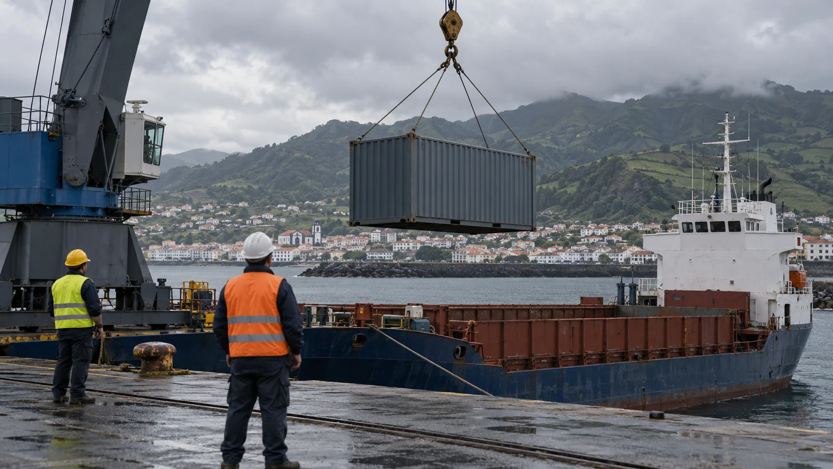 A crane lifts a shipping container from a cargo ship beside a hillside harbour town, illustrating that island moves arrive by sea