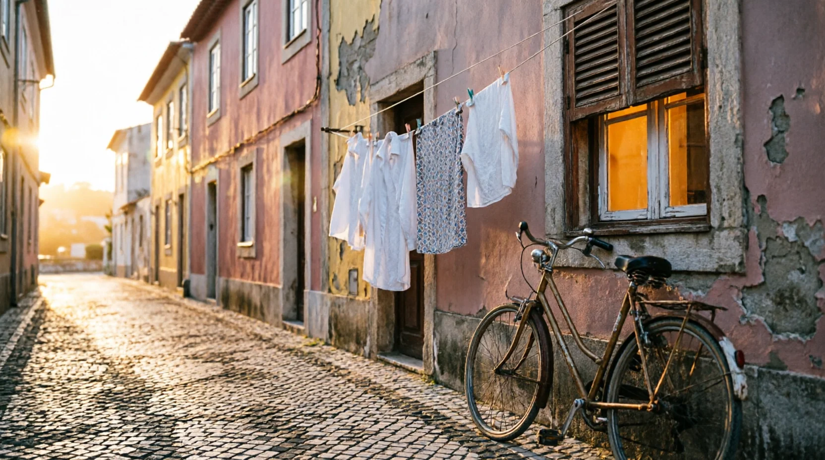 Maisons aux tons pastel dans une rue côtière portugaise à l'heure dorée