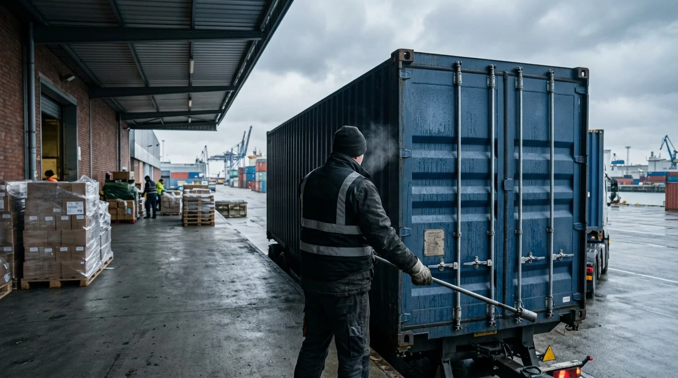 Port worker opening a container door in cold, rainy conditions at a European origin port