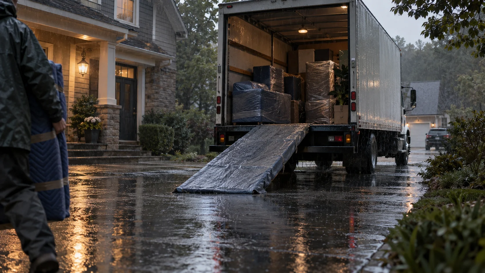 Movers loading a household goods truck in heavy rain outside a house