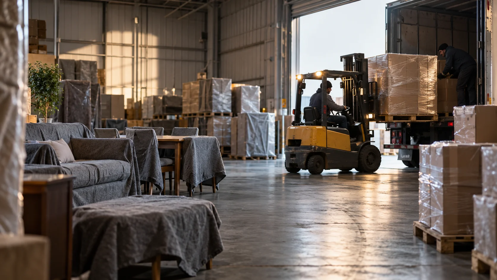 Blanket-covered furniture beside a forklift loading wrapped cartons onto a truck, contrasting household and commercial cargo