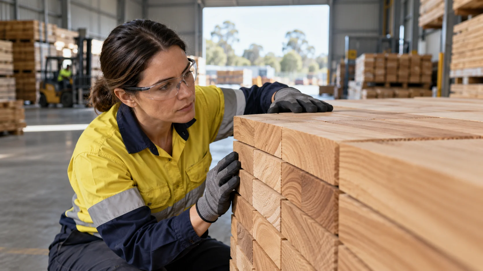 A hi-vis-clad warehouse worker in safety glasses and gloves inspects the cut ends of a stacked timber bundle.