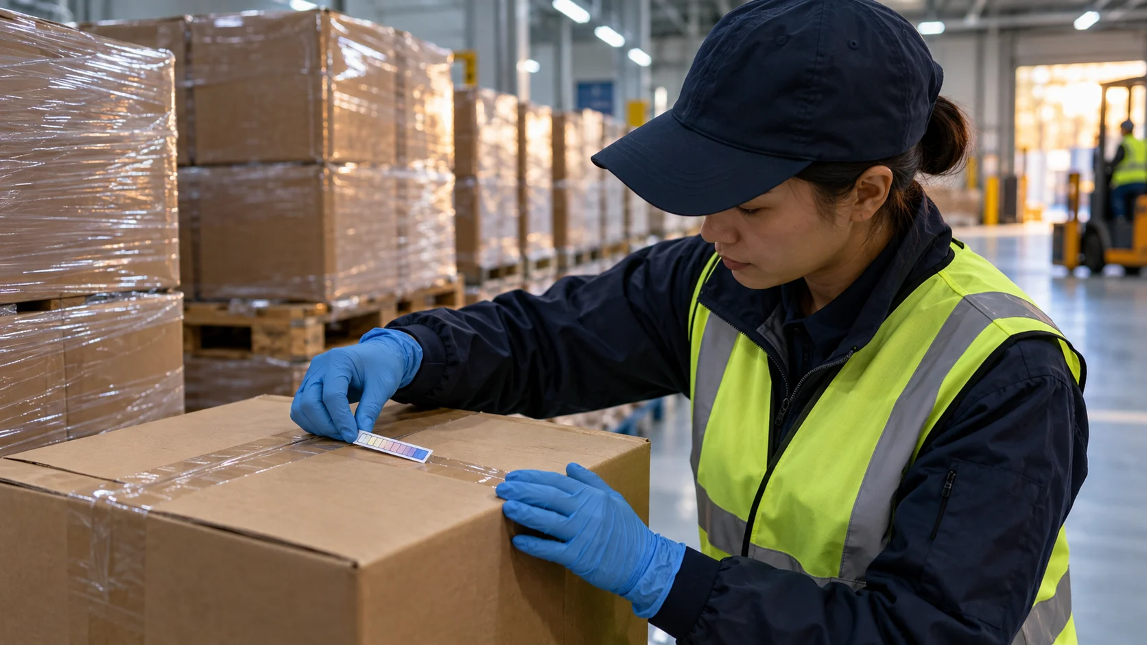Inside a bonded food-import warehouse, a staff member checks the temperature-indicator strip on a single sealed carton pulled from a pallet of imported packaged food,