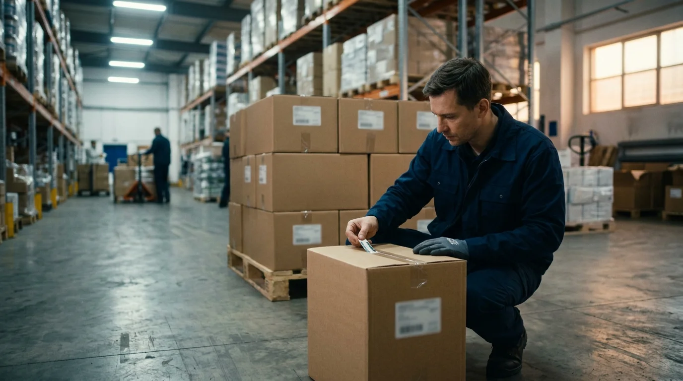 A warehouse worker kneels to apply a strip to a single carton pulled aside from a stacked pallet of boxes.