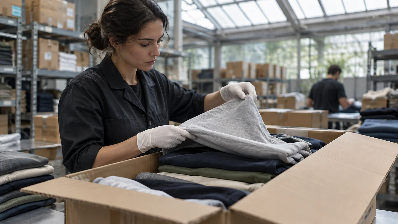 A gloved worker lifts a folded gray garment from an open box of neatly folded clothing under a glass warehouse roof.