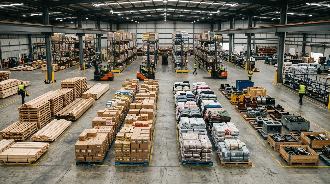 An elevated view of a warehouse floor shows separate zones of stacked timber, boxed goods, wrapped textile bales, and machinery crates.