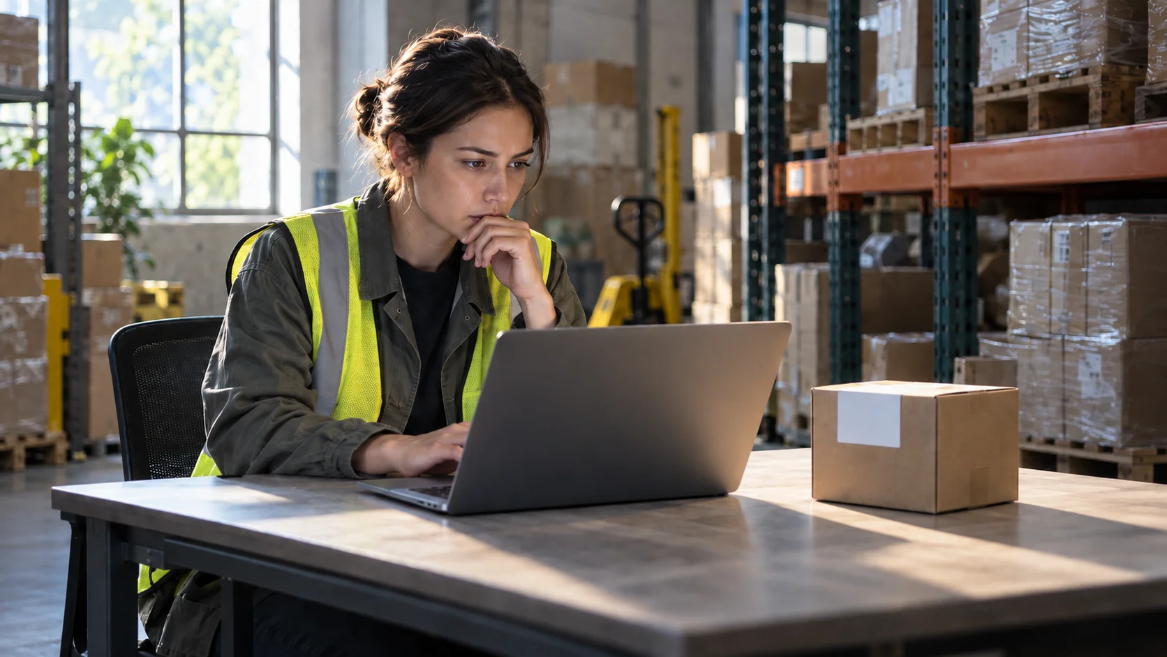 A hi-vis-vested worker studies a laptop at a warehouse side desk beside a single plain-labeled cardboard box.