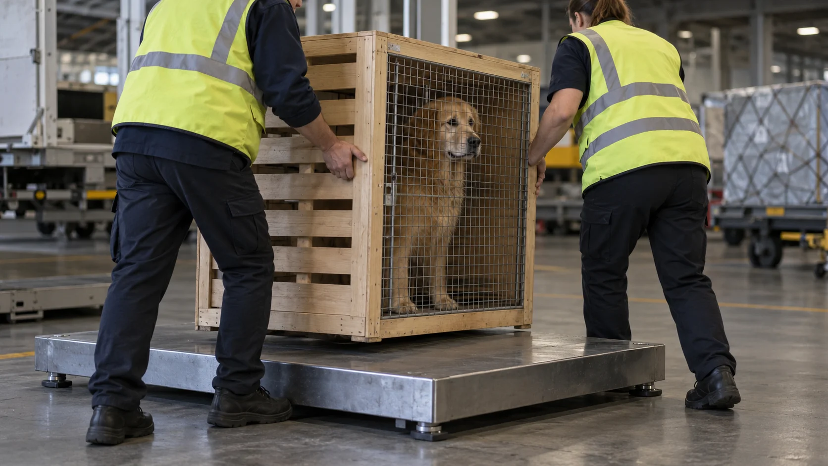 Two hi-vis handlers steadying a wooden dog crate on a steel platform, illustrating the cargo handling behind pet travel rules
