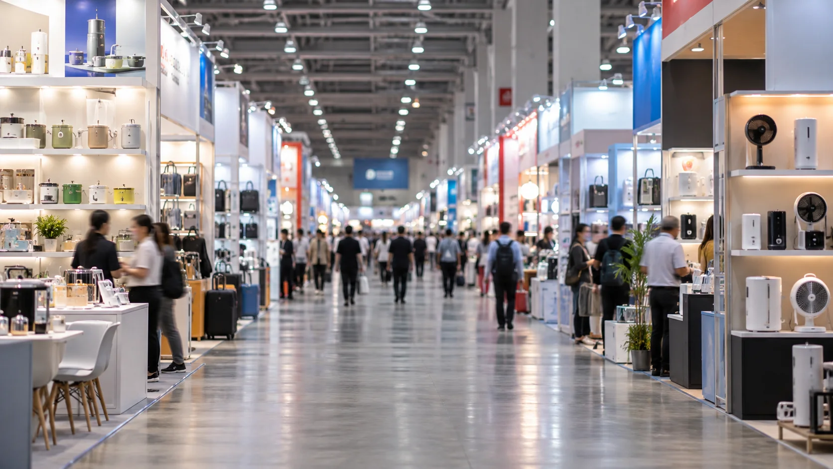 A buyer's-eye view down a long Canton Fair exhibition aisle, rows of booths receding under bright even hall lighting, generic product displays visible but no legible