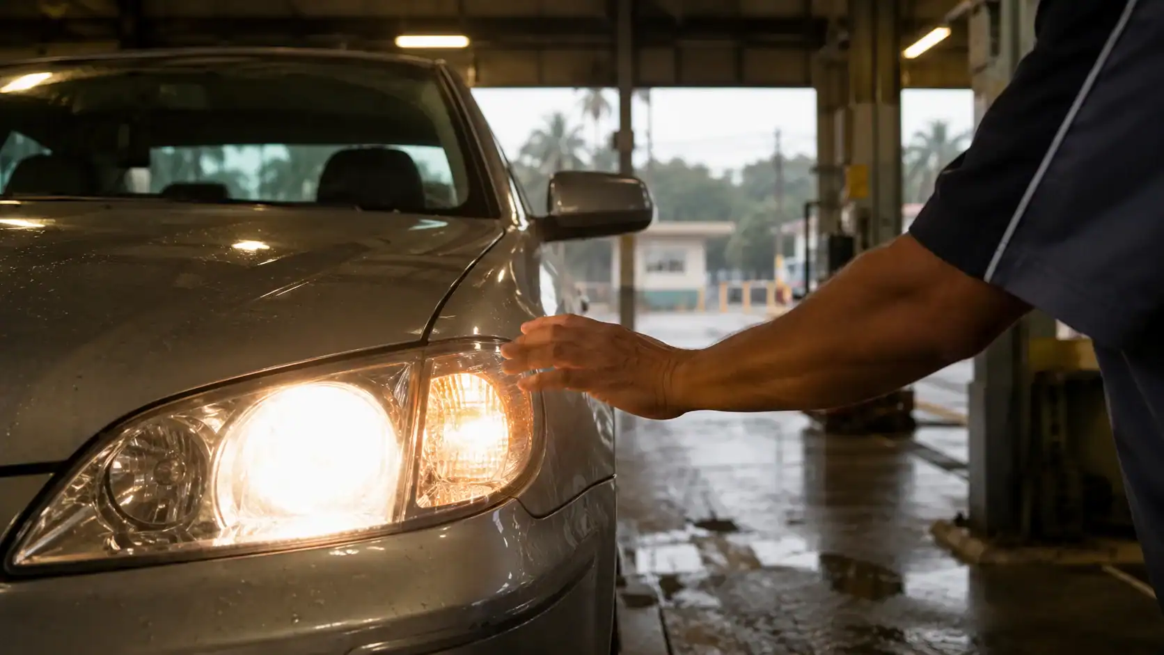 Inspector's hand checking an illuminated headlight on a left-hand-drive car during a Thai vehicle inspection bay test