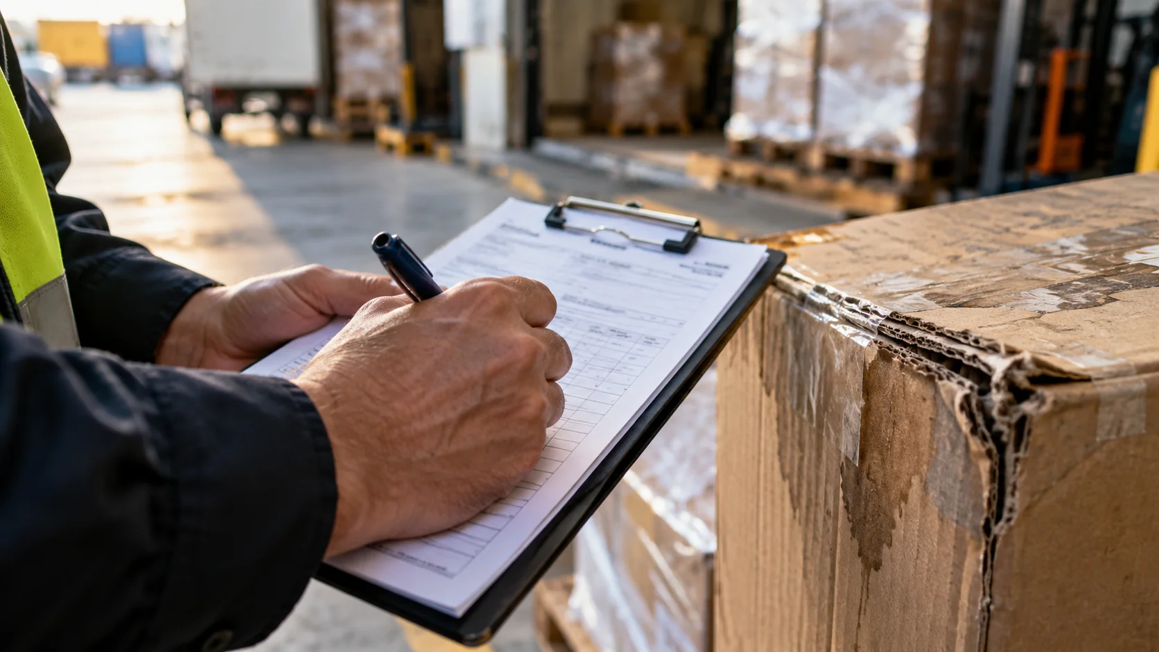 Photorealistic documentary-style close-up at a warehouse loading dock: a delivery receipt or proof-of-delivery clipboard being annotated by hand, a damaged carton corner