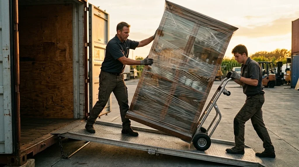 Two movers walking a large glass-fronted cabinet down a ramp into a container using a proper hand truck