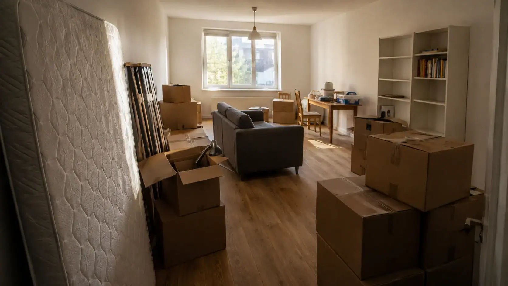 A 1-bedroom apartment packed for an international move — mattress leaning against wall, sofa wrapped in moving blankets, 20 to 25 boxes stacked.