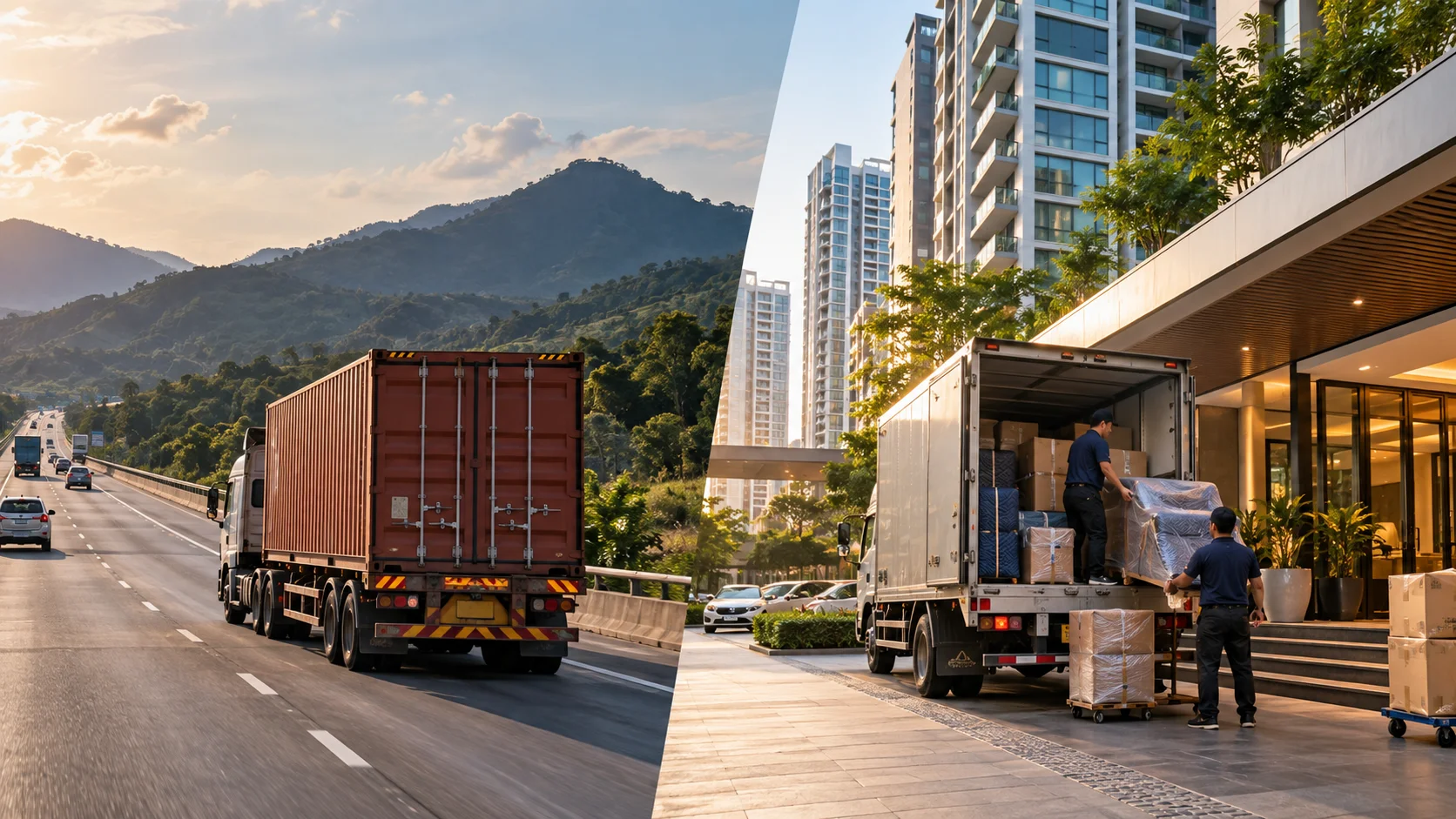 Photorealistic editorial shot contrasting a shipping container/truck on the inland highway route from Laem Chabang toward Chiang Mai vs
