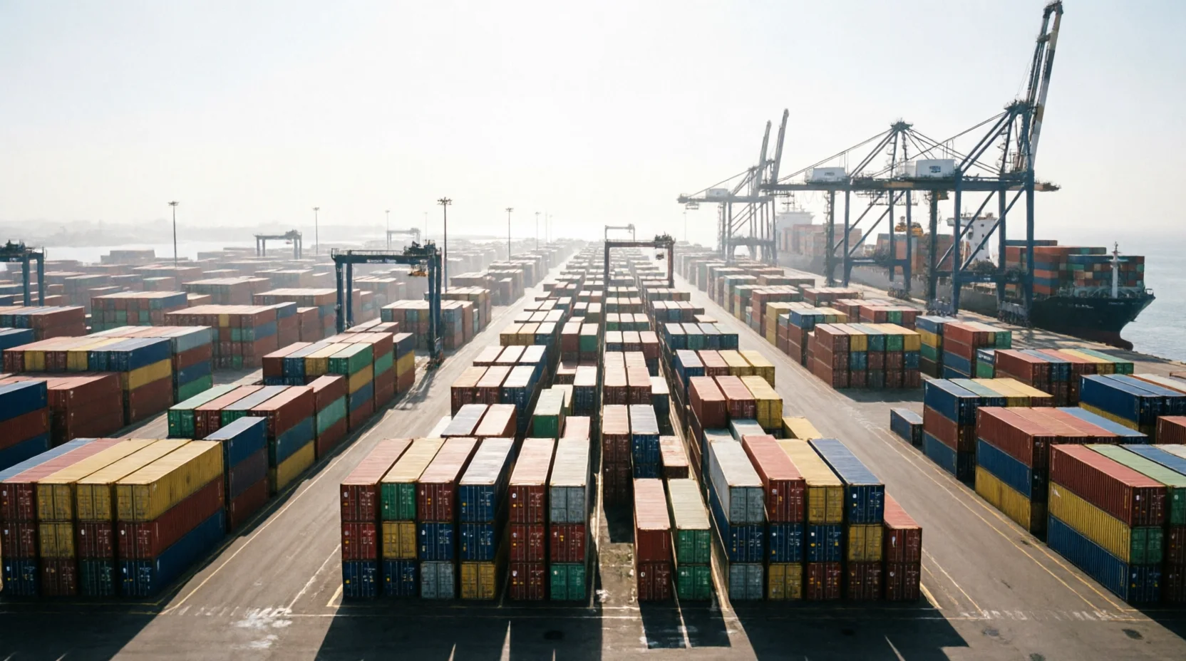 An elevated view over a large Australian container terminal showing dense, orderly stacks of containers extending toward working gantry cranes at the berth.