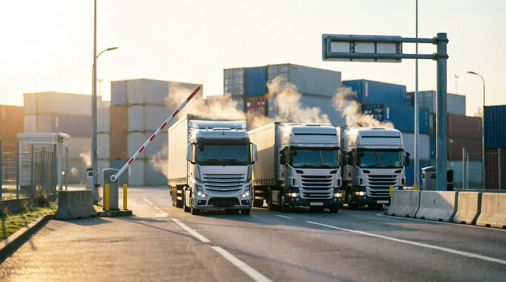 A single truck queued behind two others at a container terminal's gate, engines idling, morning light with soft engine-heat shimmer above the hoods.