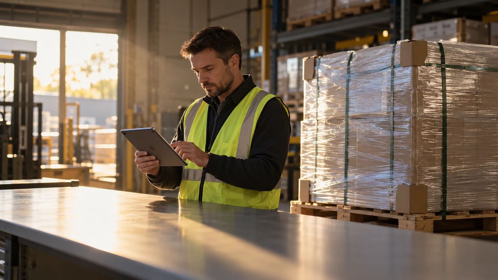 A logistics manager standing at a warehouse desk beside a palletized shipment, reviewing a tablet displaying a simple value chart with the screen angled away from