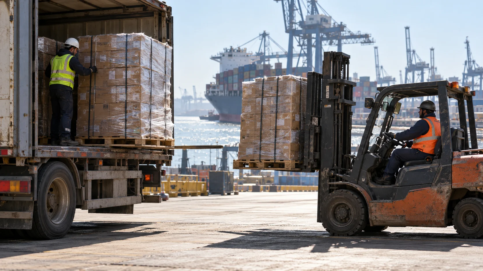 Two shipping pallets photographed mid-handover at a port-side transfer point, one still on a supplier's truck bed and one already on the receiving forklift's tines, the