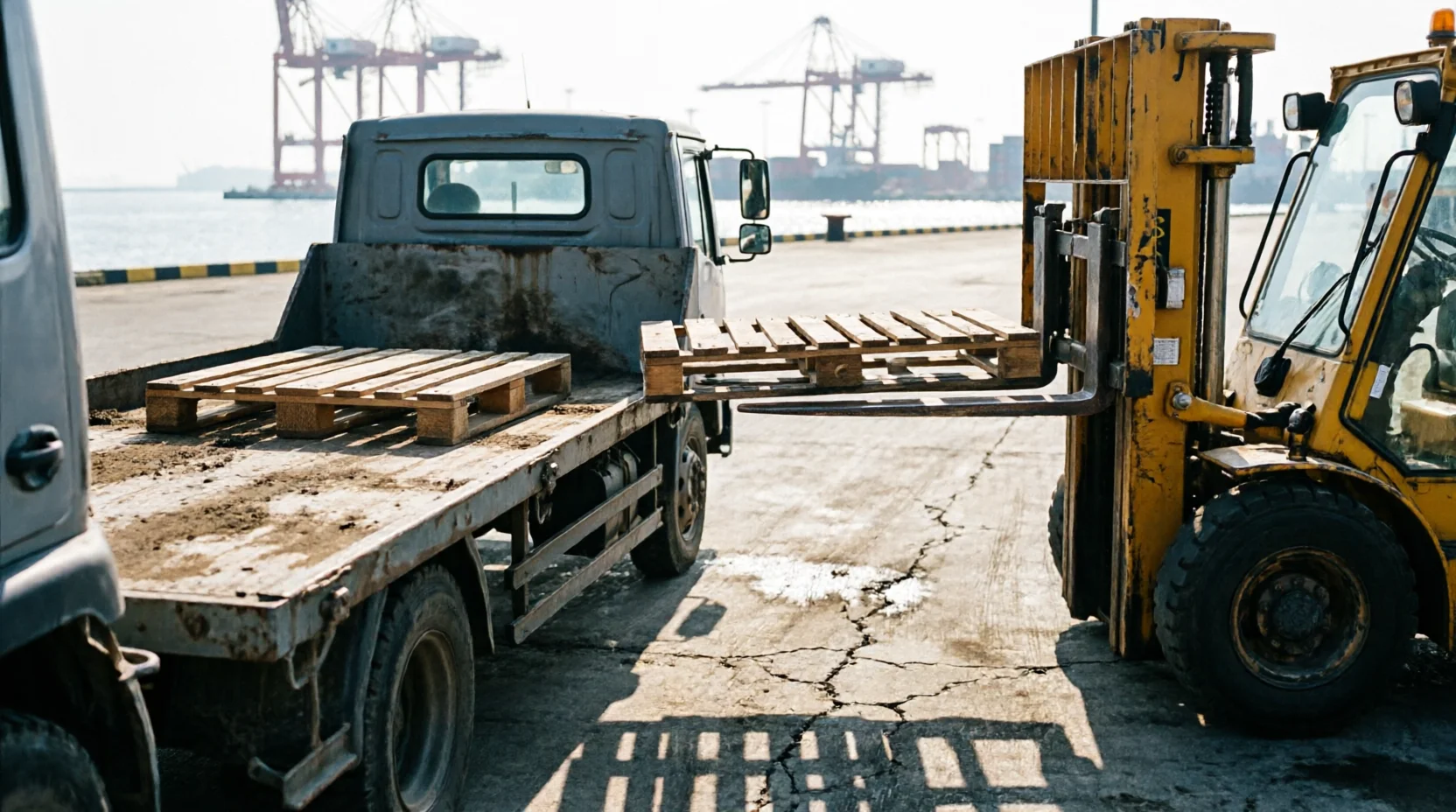 Two shipping pallets photographed mid-handover at a port-side transfer point, one still on a supplier's truck bed and one already on the receiving forklift's tines, the exact moment of transition caught naturally.