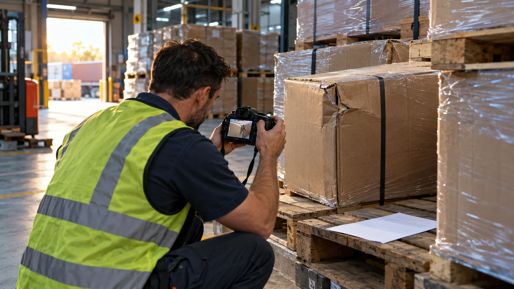 A marine cargo surveyor photographing a dented carton corner inside a controlled warehouse examination area