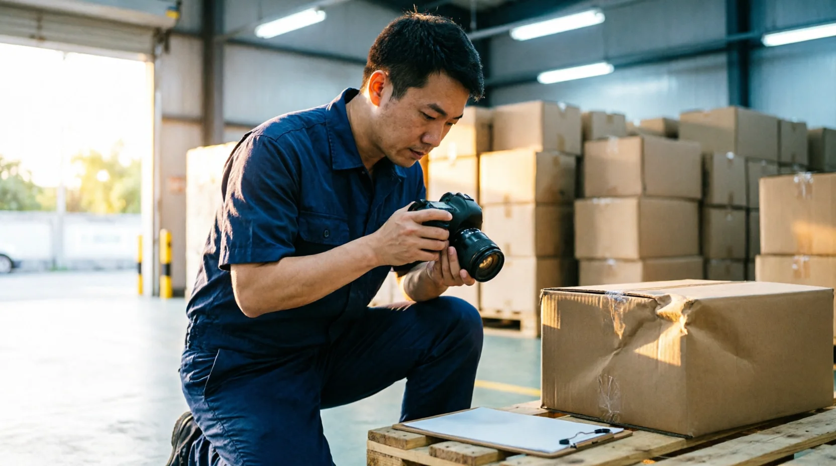 A marine cargo surveyor in plain workwear photographing a single dented carton corner inside a controlled warehouse examination area, a notepad resting on a nearby pallet with the writing turned away from camera.