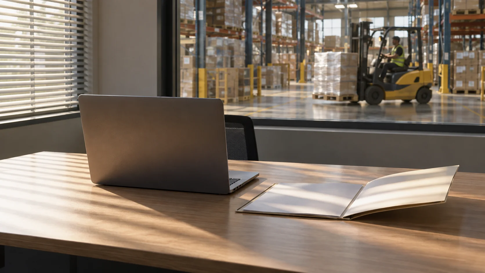 A warehouse office desk with a laptop screen turned away from camera, a lever-arch folder open beside it showing indistinct document edges, morning light through a