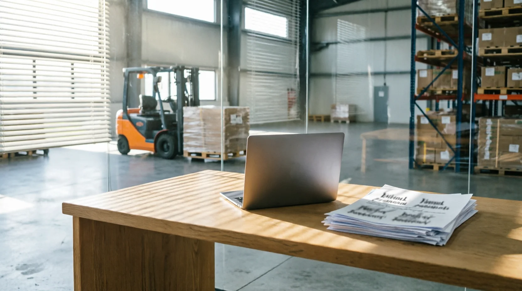 A warehouse office desk with a laptop screen turned away from camera, a lever-arch folder open beside it showing indistinct document edges, morning light through a venetian blind casting soft directional stripes across the desk.
