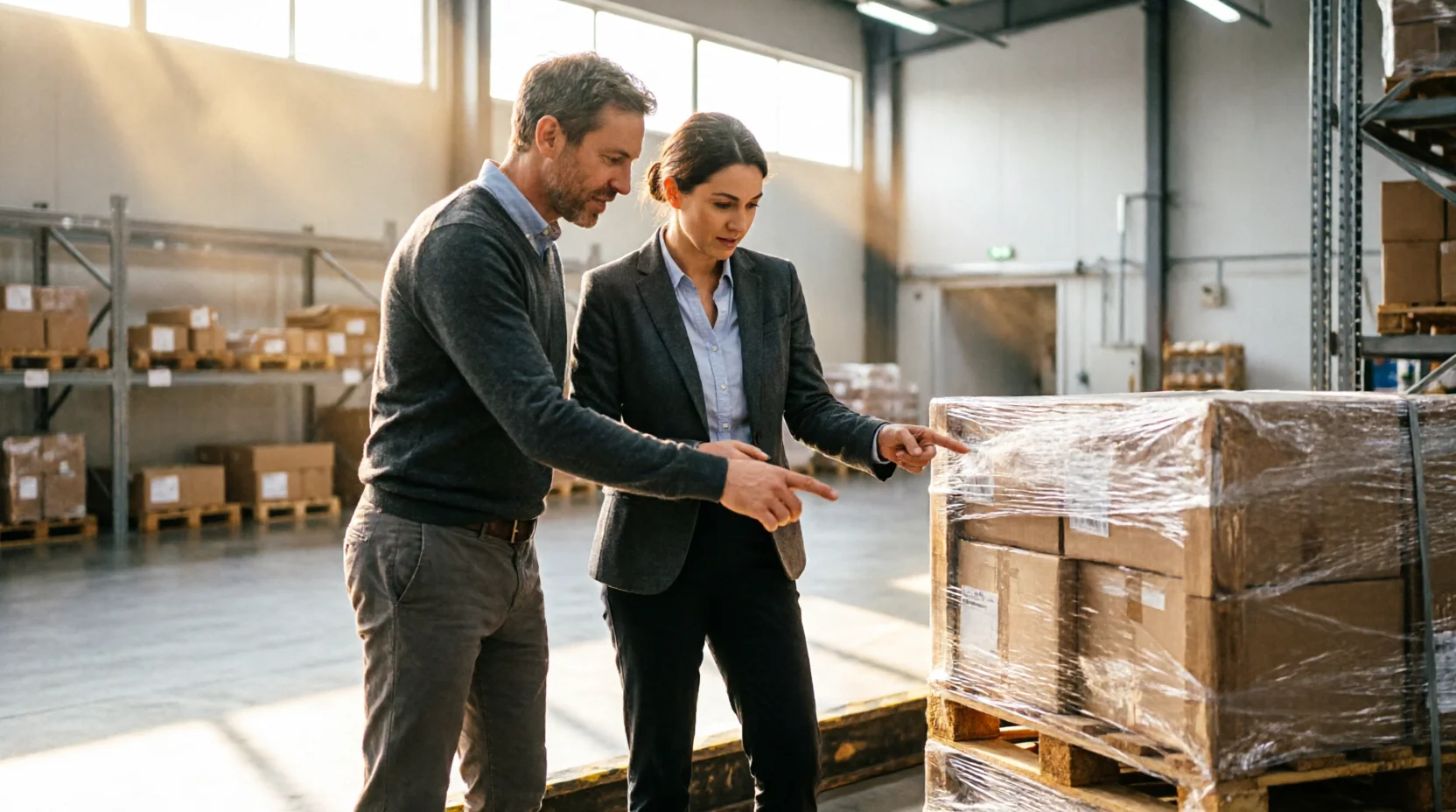 A business owner and a freight account manager standing at the edge of a clean warehouse floor reviewing a shipment together, gesturing naturally toward a nearby stack of insured, professionally wrapped pallets rather than at any papers.