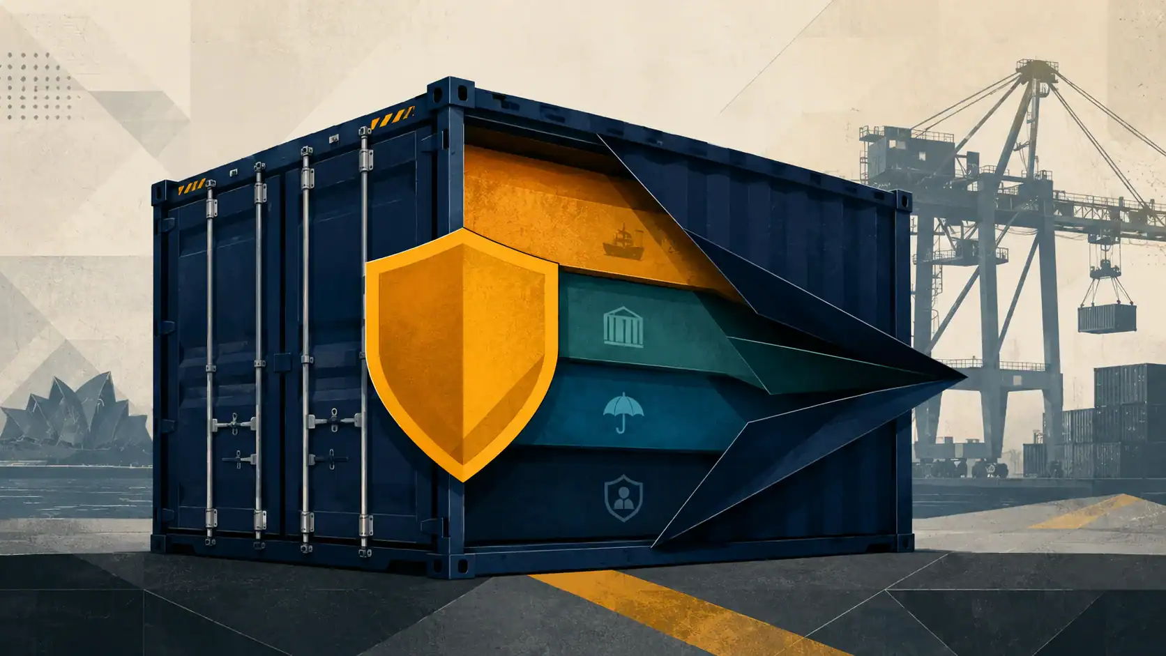 Commercial cargo insurance documentation and shipping containers at Australian port